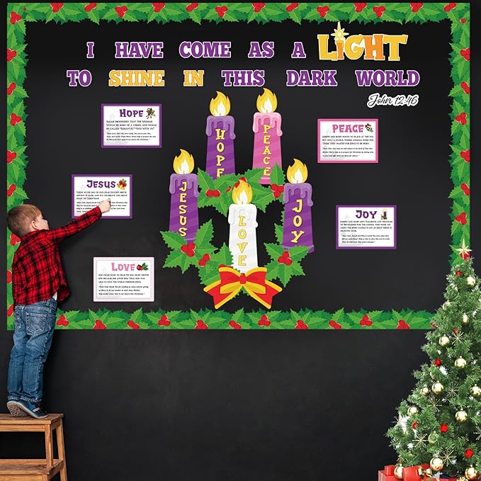 Christmas Advent Bulletin Board Christmas Nativity Religious Bulletin Board Set Xmas Jesus DIY Candle Peace Love Joy Hope Cutouts for Xmas Holiday School Classroom Party Decor