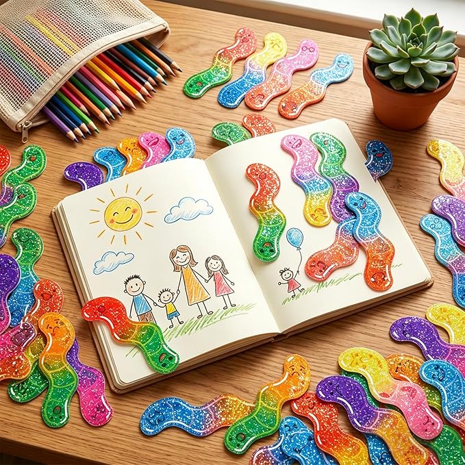 240 Pcs Worm Bookmarks Bulk for Kids Fun Holographic Glitter Gummy Worm Cute Bookmarks Funny Bookmark for Adults Student Teacher Reading Lovers Gift Bookish Party Favors