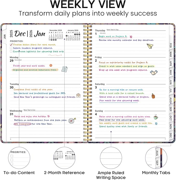 2026 Planner, Weekly and Monthly Calendar Planner Book, January 2026 - December 2026, Hardcover Spiral Planner with Monthly Tabs, Notes Pages, Perfect for Women & Men, A4 (8.5" x 11") - Violet