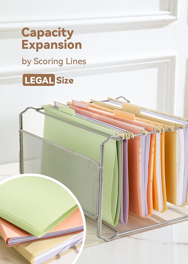 SortRax Plastic Legal Size Hanging File Folders, 12 Pack Pastel Hanging Folders, with Insertable 1/5-Cut Tabs for Filing Cabinets