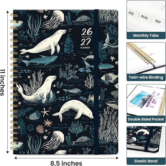 Planner 2026-2027, Academic Year Weekly and Monthly Calender Planner, from Jul 2026 - Jun 2027, Spiral Bound School Planning Book, Perfect for Teacher, Student, Women & Men, A4 (8.5" x 11"), Secret Sea