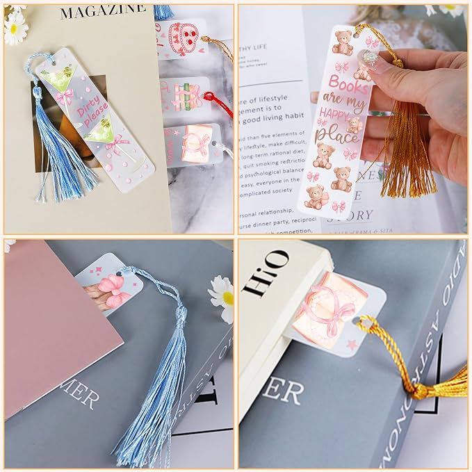 UV DTF Bookmark Wraps - 24 Sheets Conquette Acrylic Bookmark Blanks Sticker, Bow UV DTF Transfer Stickers, Books Bear Cherries Design for Book Lover DIY Projects