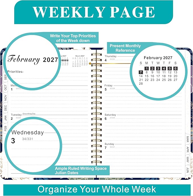 Planner 2026-2027,Agenda 2026-2027, July 2026 to June 2027 Monthly Weekly Calendar Planner with Month Tabs, 6.1" x 8.5" Hardcover Spiral Bound Cover for Daytimer Schedule Work School (A01)