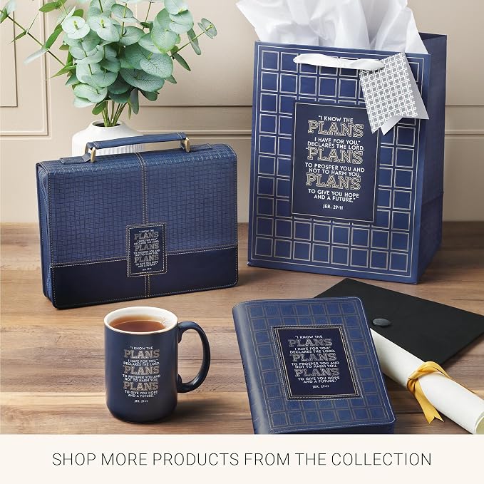 Christian Art Gifts Premium Vegan Leather Encouraging Scripture Bookmark for Graduates: I Know the Plans Inspriational Scripture, Sturdy Cord, Durable Book Reading Accessory, Navy Blue & Gold Plaid