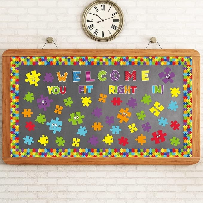 Puzzle Bulletin Board Cutouts Set - 123P Back to School Welcome You Fit Right in Positive Accent Decorations Colorful Puzzle Pieces Borders, First Day of School Student Classroom Wall Decor