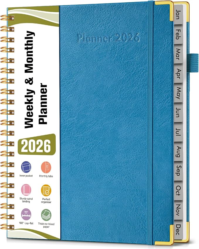 2026 Planner, Hardcover Leather Weekly and Monthly Planner, January 2026 - December 2026, Spiral Yearly Agenda Organizer Book 2026 with Tabs, Daily Calendar Planners for School Work Home, A4 (8.5" x 11"), Pacific Green