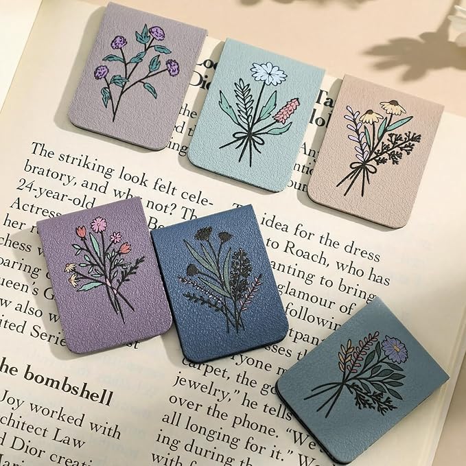 Hsei 6 Pcs Magnetic Leather Bookmark Floral Magnet Leather Book Marker Clips Accessory Women Flower Cute Reading Gifts for Bookworm Lovers Mother's Day Birthday Teacher's Appreciation Gift(Morandi)