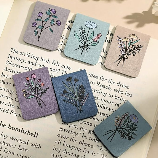 Hsei 6 Pcs Magnetic Leather Bookmark Floral Magnet Leather Book Marker Clips Accessory Women Flower Cute Reading Gifts for Bookworm Lovers Mother's Day Birthday Teacher's Appreciation Gift(Morandi)
