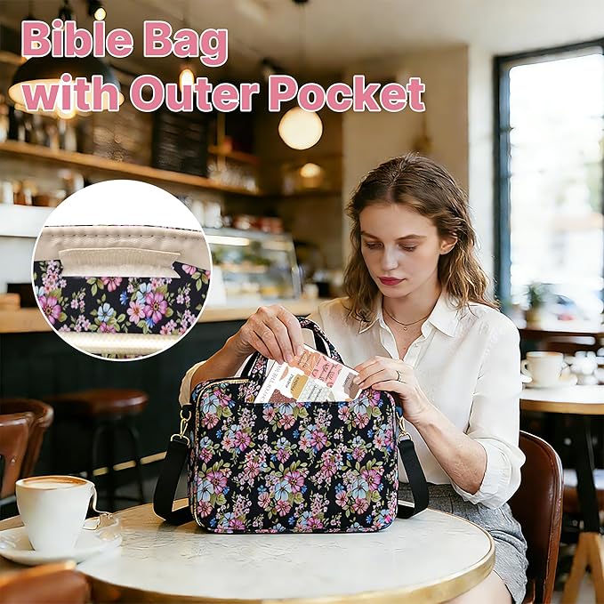 PUGPIU Bible Cover Case for Women, Large Quilted Bible Bag with Shoulder Strap and Handle, Bible Study Supplies Journaling Kit with Highlighters Pens No Bleed Tabs Notebook Cross Clips (Floral)