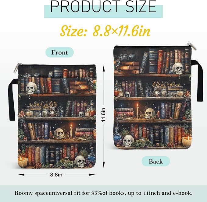 Goth Skull Book Sleeve for Book Lovers, Paperback Sleeve for Librarian Lovers Bookish Group Club Gifts for Women, Book Cover with Zipper and Handle for paperbacks 9 x 12 Inch