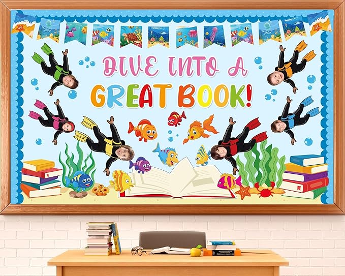 Summer Ocean Bulletin Board Decorations Set Get Dive into a Great Book Reading Theme Classroom Paper Cutouts Under The Sea Marine Fish Bulletin Board Decor for Back to School Teacher Chalkboard Wall