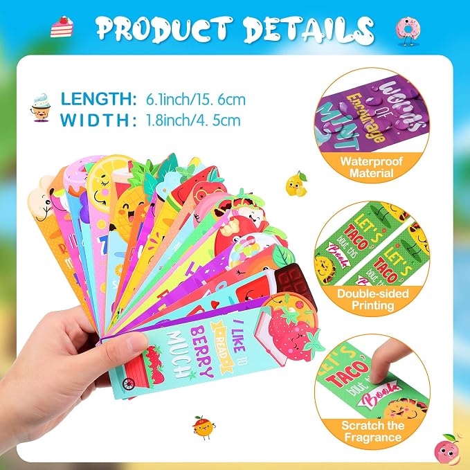 Lincia 240 Pcs Scratch and Sniff Scented Bookmarks Bulk Assorted Fruit Food Theme Smelly Bookmarks Gift for Fruit Lover 20 Styles