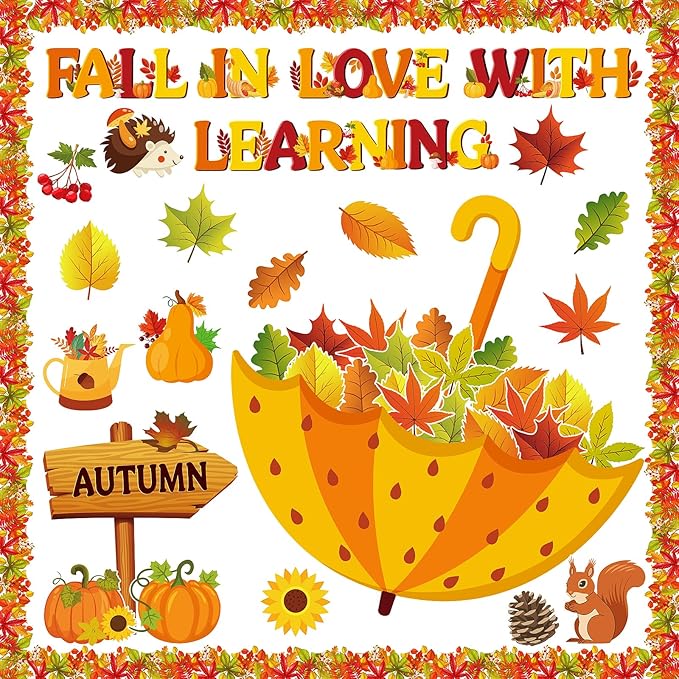 Fall Bulletin Board Decorations Fall in Love with Learning Classroom Bulletin Board Set Autumn Maple Leaves Umbrella Pumpkin Cutouts for School Office Home Wall Thanksgiving Decor
