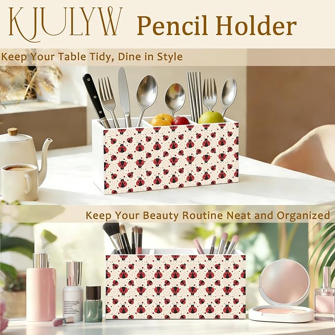 Cute Ladybug Pen Holder for Desk, Ladybug Lover Gifts, Red Lady Bug Decor Wooden Box Pencil Pen Holder Organizer for Home Office Desk Accessories