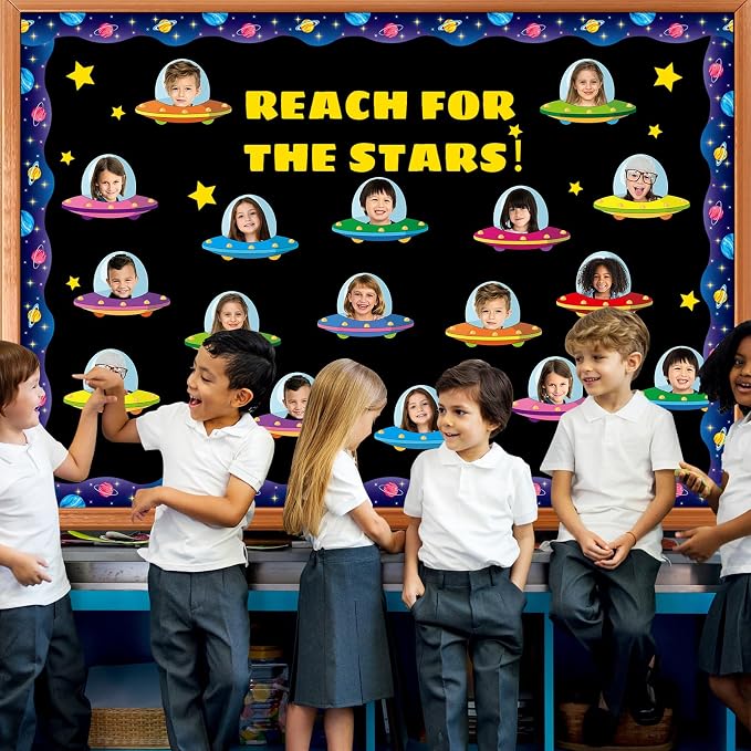 gisgfim 80Pcs Outer Space Cutouts Back to School Decorations Bulletin Board Flying Saucer Ship Paper Cut-Out Classroom Decor for Boy Girl DIY Craft Photo Wall Kindergarten Preschool Party Favor Supply