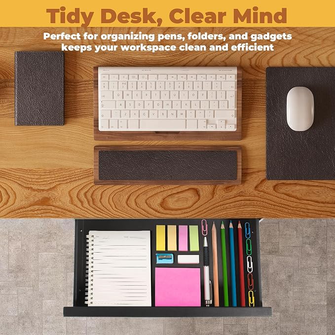 POPMOON 16.6 In Under Desk Drawer For Desk,Adjustable Height, Pull out Storage Organizer with Slide Extension Mounted Under Flat Wooden Table or Workbench, Carbon Steel Hidden Desk Drawer