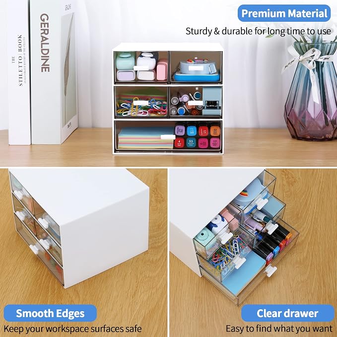 Desk Organizer with 5 Drawers, Rectangular Office Stationery Supplies Desktop Drawers, Plastic Makeup Storage, Suitable for Office, School, Home (White & 5 Drawers)