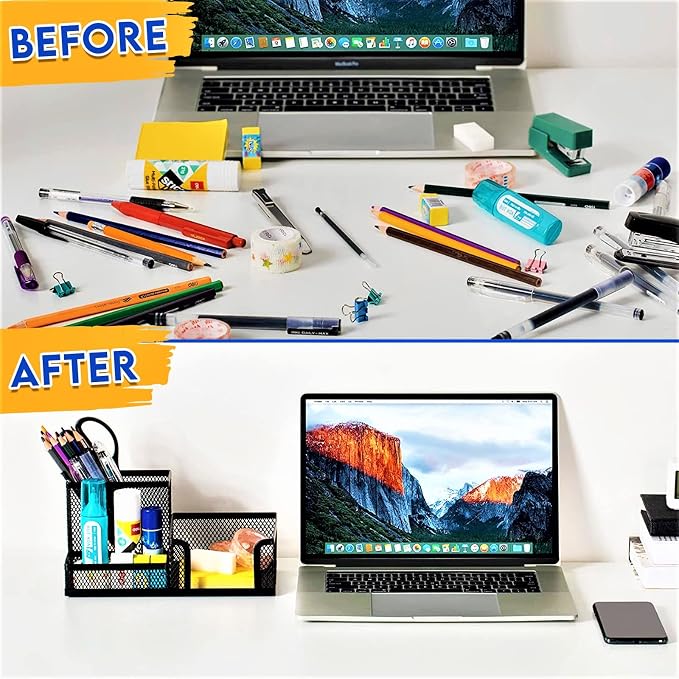 2 Pack 3 in 1 Mesh Pen Holder for Desk, 3 Compartments Pencil Holder Desk Organizer Caddy with Sticky Notes Holder Easy Storage Suitable for Home, Office and School