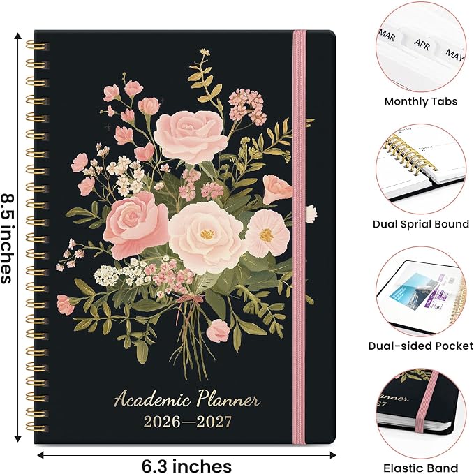 Planner 2026–2027, Academic Planner Weekly and Monthly Calendar Jul 2026 – Jun 2027 Hardcover Planner with Tabs and Pocket, Spiral Bound Agenda Book for Student & Teacher, 6.3" x 8.5", Blush Bouquet
