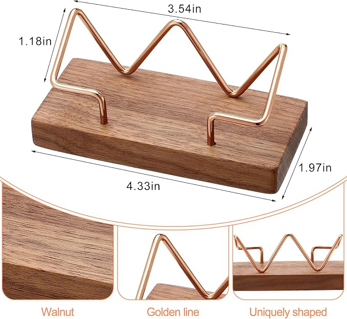 Amyhill 2 Pieces Wood Business Card Holder for Desk Wooden Business Card Display Stand Postcard Holder for Office Home Desktop (Walnut Color, Rose Gold)