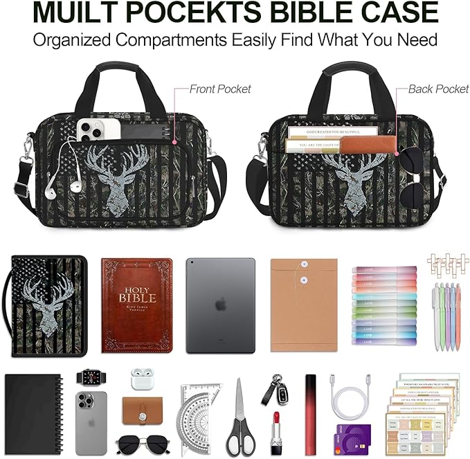 Camo Bible Case Covers, Large Bible Tote Bag Book Cover Study Supplies with Shoulder Strap Handle Zippered Pocket for Men Women (American Flag Deer)