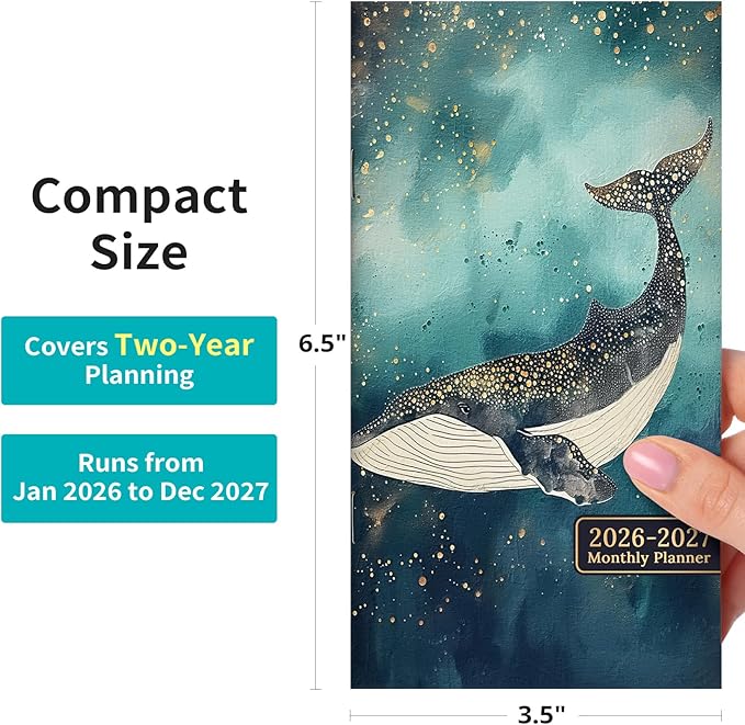 Pocket Calendar 2026-2027 for Purse, Two Year Monthly Planner Pocket Size 6.5" x 3.5", Jan 2026 - Dec 2027 Monthly Planner Small Calendar for School, Work and Home - Whale Dreams