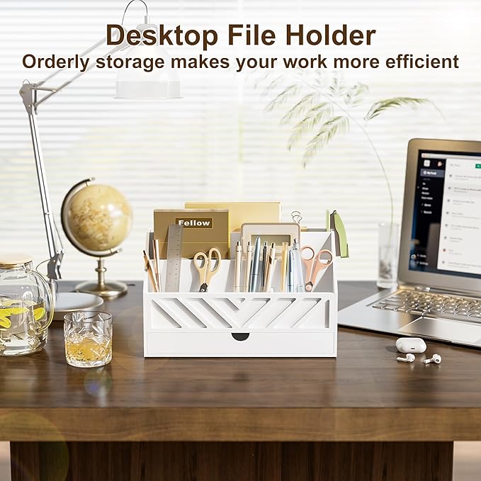 SRIWATANA White Mail Organizer Countertop, 5 Slots Mail Holder with Drawer, Office Desk Organizer, Letter Sorter File Bill Holder Paper Storage for Home Office School