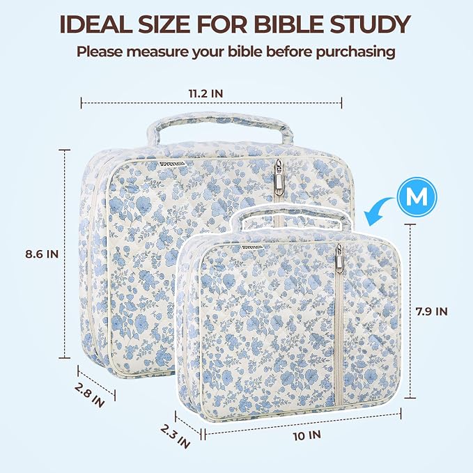 Quilted Bible Cover Case for Women with Bible Study Supplies Journaling Kit Floral Bible Bag Carrying Case with Pastel Highlighters Tabs, Women Christmas Christian Gifts (Blue Floral, M)