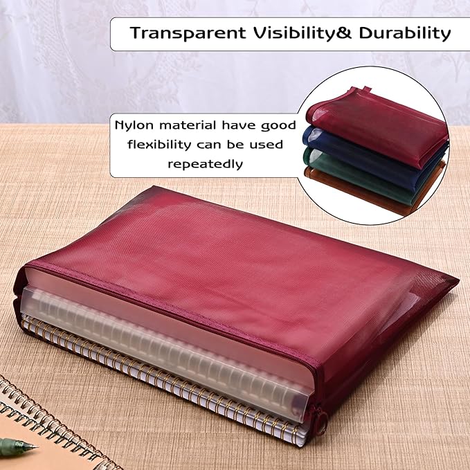8Pcs Mesh Zipper Pouch Bags, Large Nylon Mesh Pouches for Organization, 3 Sizes Clear Travel Document File Storage Bag for School Office Home Supplies (Red, A4 & A5 & A6)