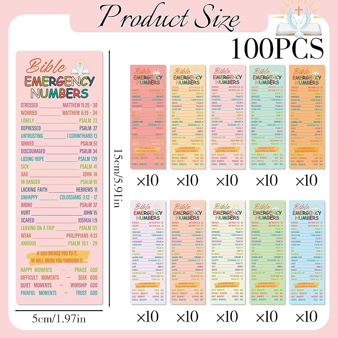 Bible Emergency Numbers Bookmark - 100 Pcs Christian Verse Paper Bookmarks Bulk for Women Men Religious Inspirational Scripture Page Markers Sunday School Welcome Gifts for Church Members
