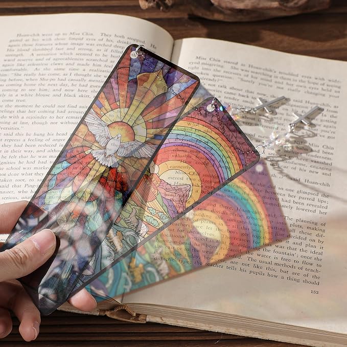 Christian Religious Bookmark Gifts - 4 Pcs Catholic Stained Glass Bookmarks for Women Book Lovers Pendant Tassels Beaded Page Marks Reading Accessories Bookish Gift for Birthday Sunday Church