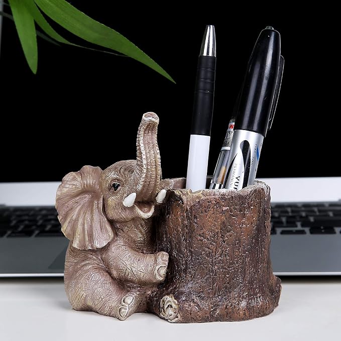 Hodao Resin Elephant Pen Holder, Cute Elephant Desk Organizer, Creative Animal Pen Cup for Office Desk Decor, Graduation Present, Gifts for Teacher Women Men Elephant Lovers