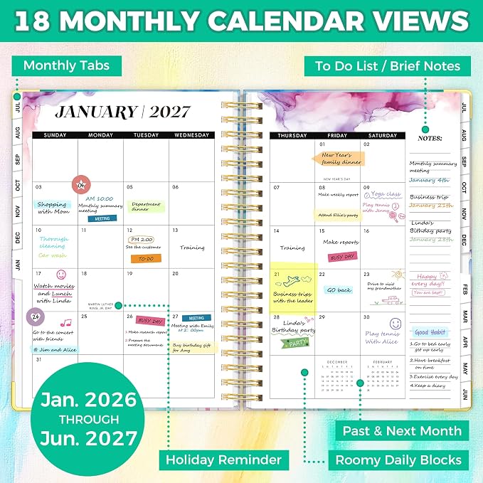 Planner 2026-2027, 18 Month Weekly and Monthly Academic Planner, July. 2026 - Dec. 2027, 9" x 11.6" A4 Large Hardcover Calendar Planner with Page Tabs, Separator Page, Inner Pocket, Bookmark, Stickers, Sticky Note Set