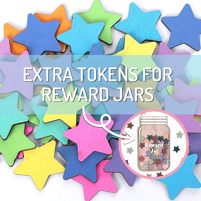JarThenaAMCS 45Pcs Star Extra Tokens for Reward Jar Colorful Star Shape Wooden Cutouts with Linen Pocket 9 Colors Wooden Tokens for Back to School Student Teacher Classroom Supplies