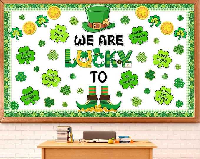 St. Patrick's Day Bulletin Board Set Inspirational Shamrock Classroom Decoration Lucky Shamrock Bulletin Board Leprechaun Gold Coin Cutouts for Irish Holiday Classroom Nursery Chalkboard Wall Decor