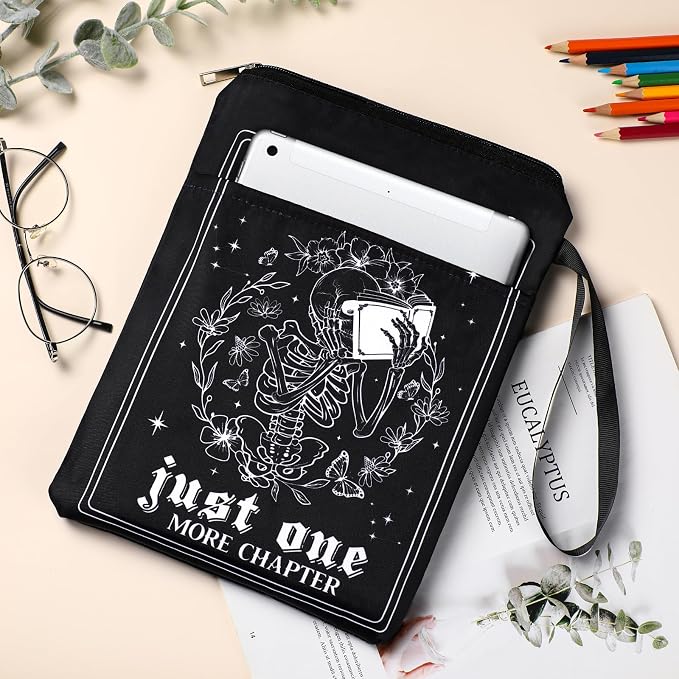 Gothic Skeleton Book Sleeve - Tarot Card Book Sleeves Office Just One More Chapter Skull Waterproof Book Covers with Zipper Pouch Front Pocket Romance Washable Gifts for Books Lover Reader