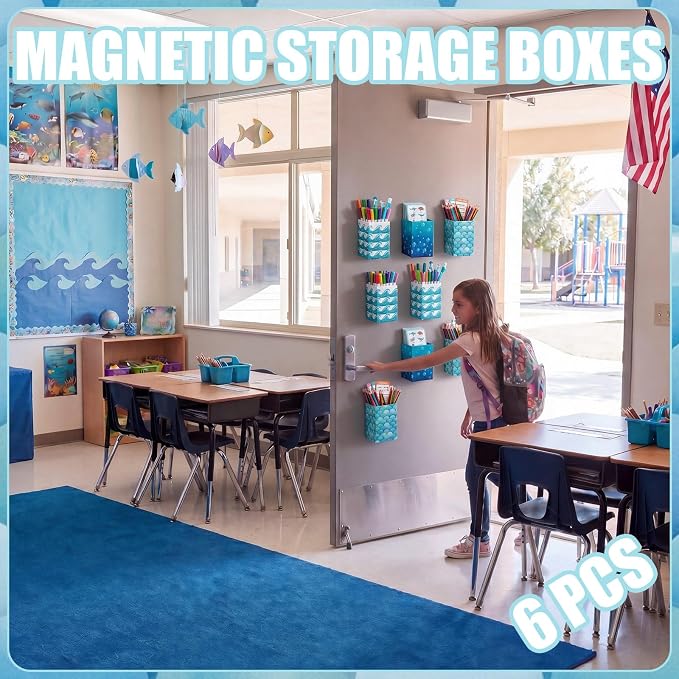 6 Pcs Ocean Classroom Decor Classroom Magnetic Storage Boxes Magnetic Storage Containers Plastics Pen Holder for Refrigerator Whiteboard Home Office School Organizer Supply