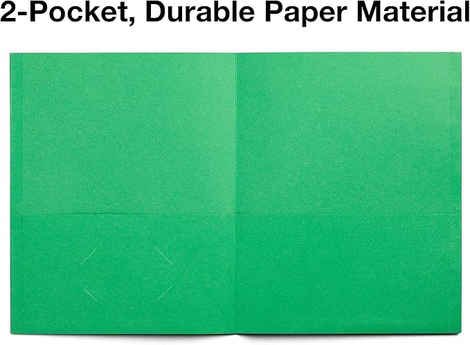 Staples 10% Recycled Smooth 2‑Pocket Paper Presentation Folders with Fasteners, Letter Size Project Folders for Office & School, Green, 10‑Pack
