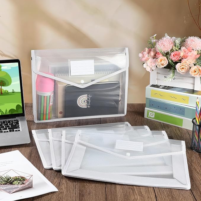10 Pieces Plastic File Folders Envelope Expanding File Wallet Organizer Documents Folder with Snap Closure and Pocket B4 Waterproof Transparent Pouch for School Office(White,Horizontal)