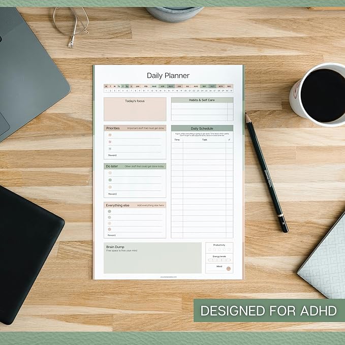 ADHD Daily Planner Notepad for Neurodivergent Adults - Productivity Daily Planner Desk Pad & Task Management to Stay Organized and Focused Note Pad (Green, A4)