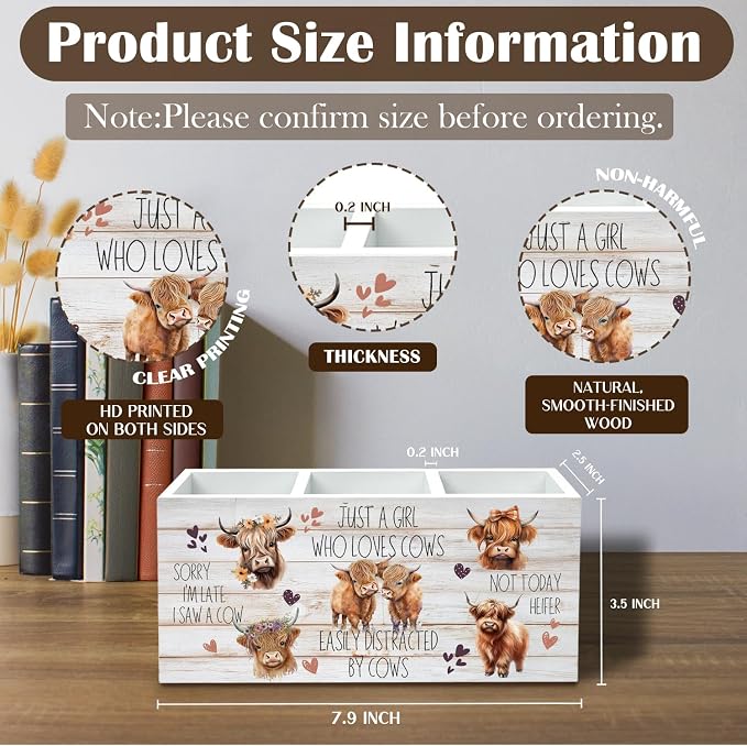 Just a Girl Who Loves Cows Pen Holder for Desk, Highland Cow Lover Gifts Pencil Organizer, Farmhouse Floral Highland Heifer Wooden Box Sign Desk Decor for Home Office Decoration