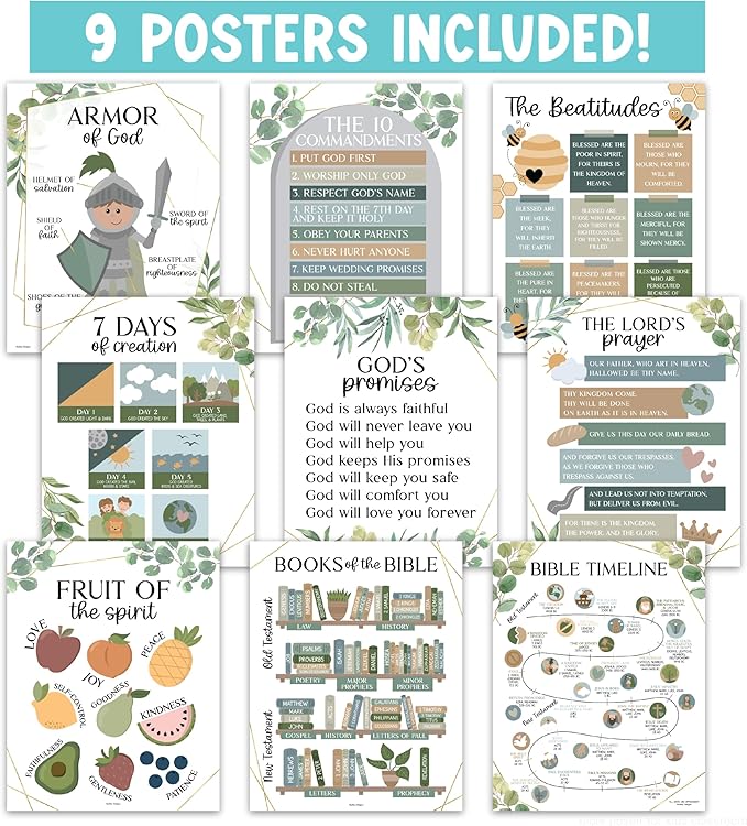 Hadley Designs Sunday School Decorations for Classroom –9 Bible Posters for Kids, Books of the Bible, 10 Commandments, Bible Timeline Chart, Fruits of the Spirit, Greenery Christian Classroom Decor