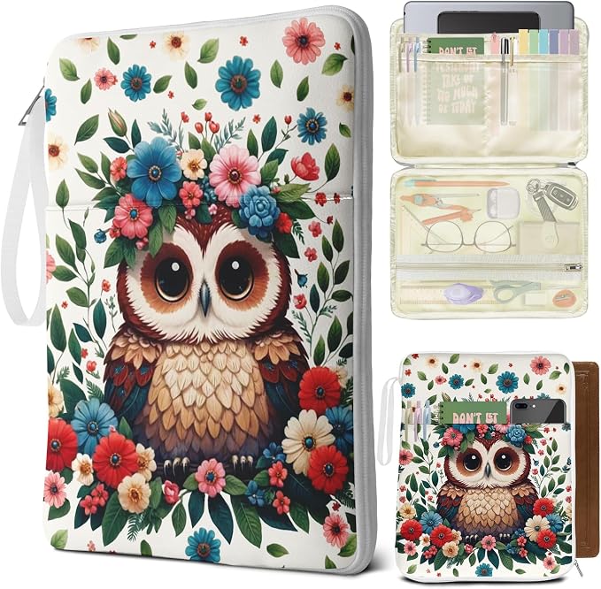 Owls Book Sleeve Book Pouch, PU Leather Waterproof Kindle Pouch, Cute Book Protector Case with Zipper, 12.6"x 9.4" Print Portable Book Cover Bag for Book Lovers Gifts Paperbacks Bibles