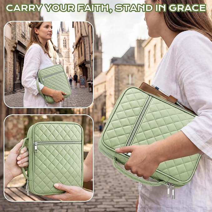 XKDOUS Quilted Bible Cover Case with Bible Study Accessories Kit, Waterproof Large Capacity Bible Bag for Women Men, Portable for Church Study, Multiple Morandi Color Options (Green)