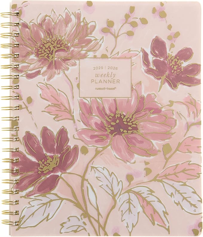 russell+hazel 2025-2026 Weekly Planner, Spiral Bound Blush Floral with Gold Foil Details, 9.1" x 11.2", July 2025 - June 2026, Features 15 Monthly Spreads, 1-Count
