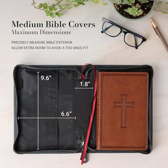 Christian Art Gifts Premium Classic Vegan Leather Bible Cover for Men & Women: Strong and Courageous Inspirational Bible Verse, Protective Book Carry Case, Gray, Medium