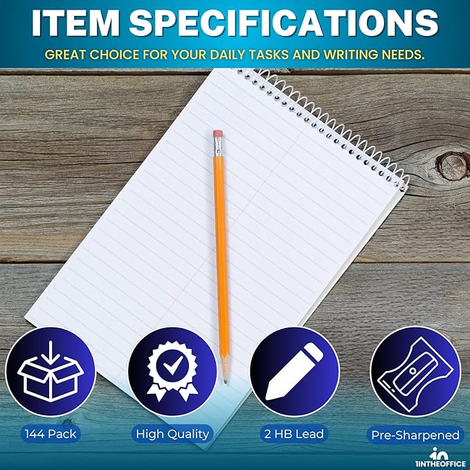 1InTheOffice Pre Sharpened Pencils #2, Pencils with Eraser, 2 HB, Wood-Cased, Black Lead, Yellow Barrel, 288 Pack