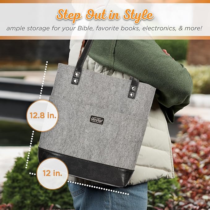 Christian Art Gifts Felt and Faux Leather Bible Tote for Women: Metal Jeremiah 29:11 Badge, Pockets and Magnetic Button Closure, Black and Gray, One Size Carry Bag for Books, Supplies and Shopping