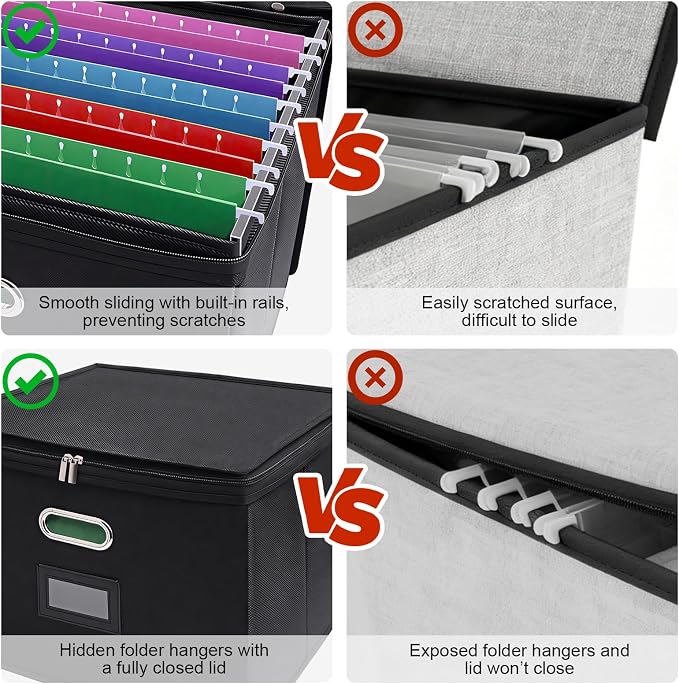 8 Pack File Organizer Boxes with Lids, Collapsible Document Storage Bin with Mesh Pockets & Zipper, Fits Letter/Legal Size Folders for Home Office Moving Classroom Organization (Black, No Folders)