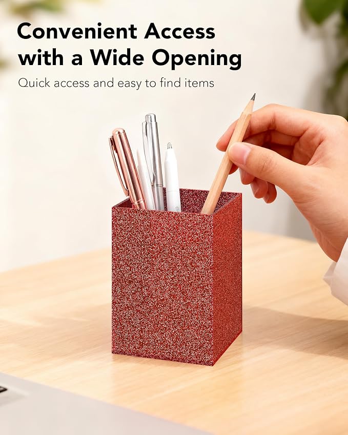 Red Glitter Acrylic Pen Holder, Acrylic Makeup Brush Storage Organizer, Pencil Pen Holder for Desk, Modern Desktop Accessories for Office School Home Supplies